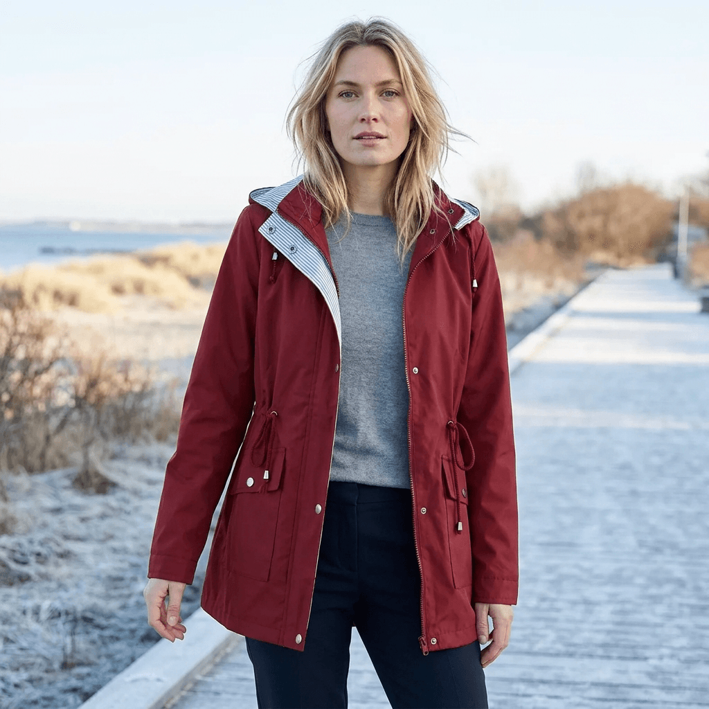 Lang vandtæt vintertrenchcoat med hætte og justerbar talje