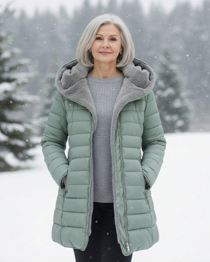Alice foret vinterjakke i quiltet puffer-stil med hætte og lynlås