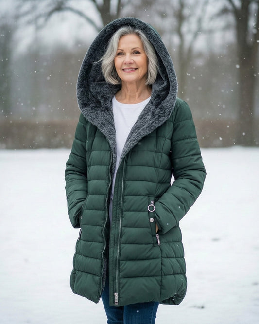 Alice foret vinterjakke i quiltet puffer-stil med hætte og lynlås