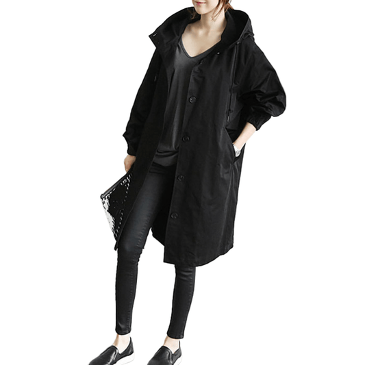 Lang oversized trenchcoat med justerbar hætte og knapper i vindafvisende stof