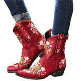 Korte vintage cowboystøvler i læder med blomsterbroderi og spids tå