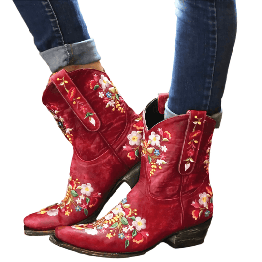 Korte vintage cowboystøvler i læder med blomsterbroderi og spids tå