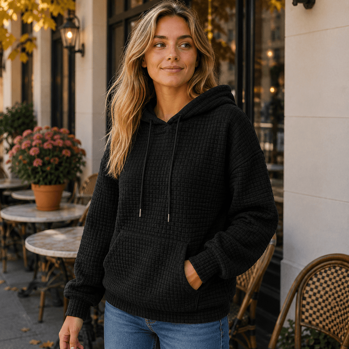 Struktureret hoodie med justerbar hætte og rummelig kængurulomme