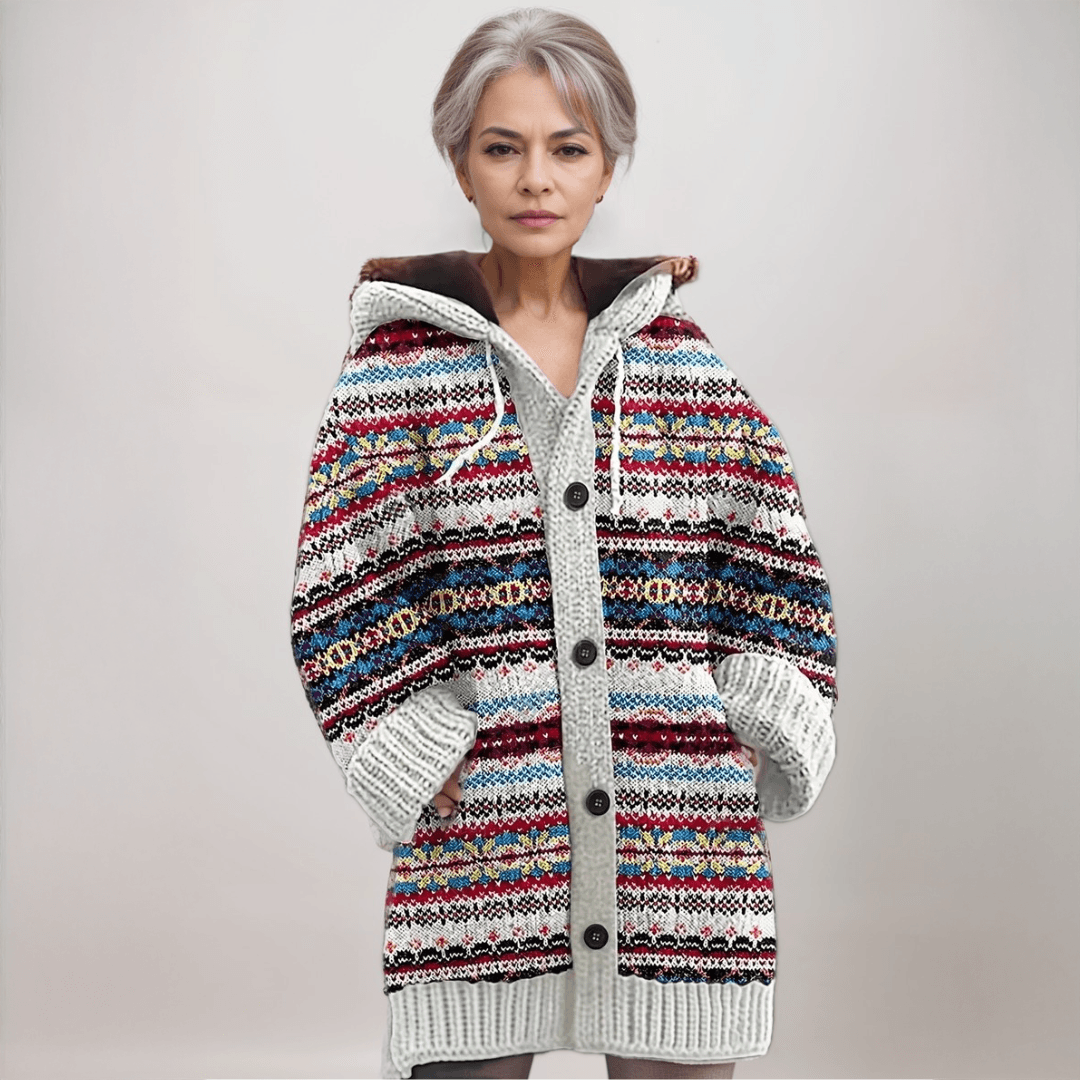 Lene hættet strikcardigan med Fair Isle mønster og knapper