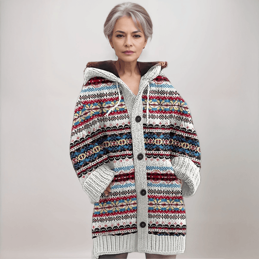Lene hættet strikcardigan med Fair Isle mønster og knapper