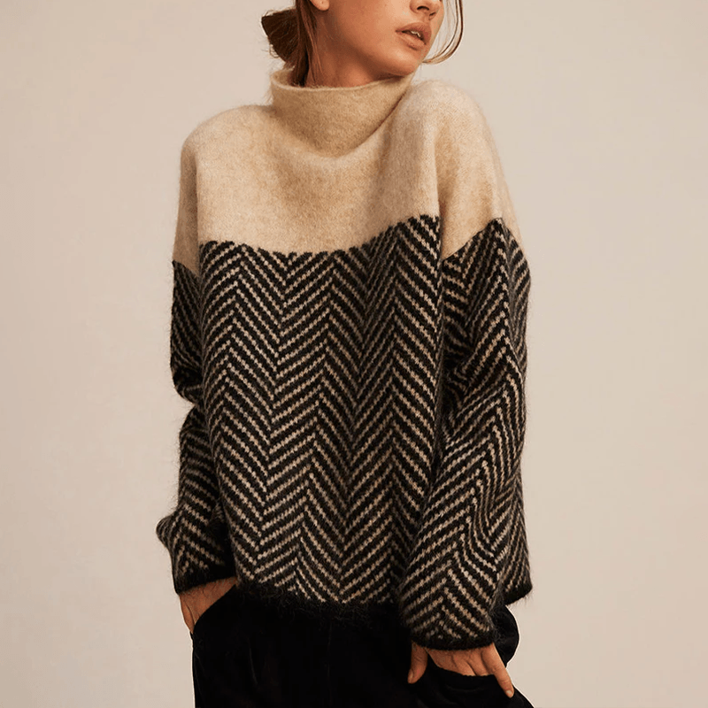 Noelle rullekravetrøje i faux cashmere med sildebensmønster og løs pasform