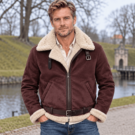 Kort pilotjakke med bred sherpakrave og remdetaljer ved nederkanten