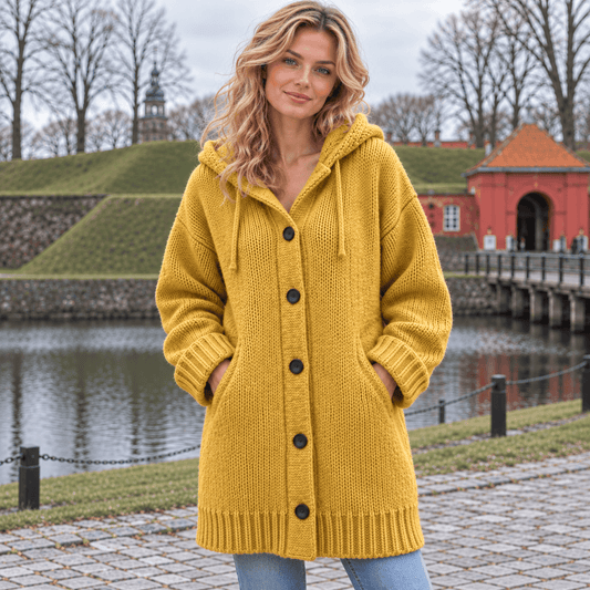 Lang oversized cardigan med hætte og knaplukning samt sidelommer