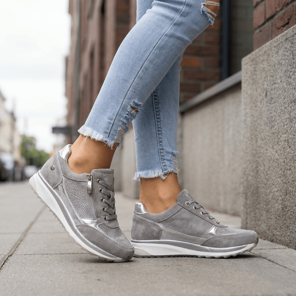 Sneakers med snørebånd og lynlås i siden samt tyk sål og glitrende detaljer