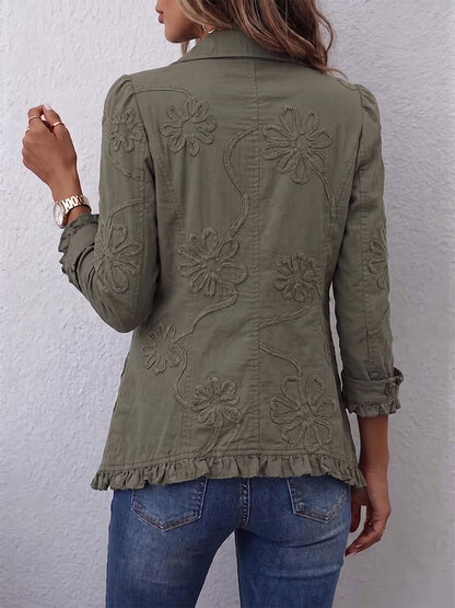 Kamberly jakke med blomsterbroderi og flæsekant i boho-stil
