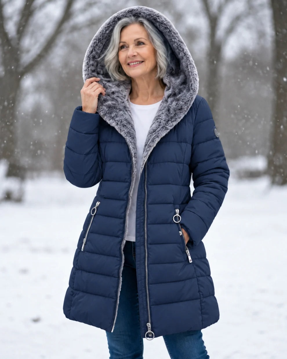 Alice foret vinterjakke i quiltet puffer-stil med hætte og lynlås