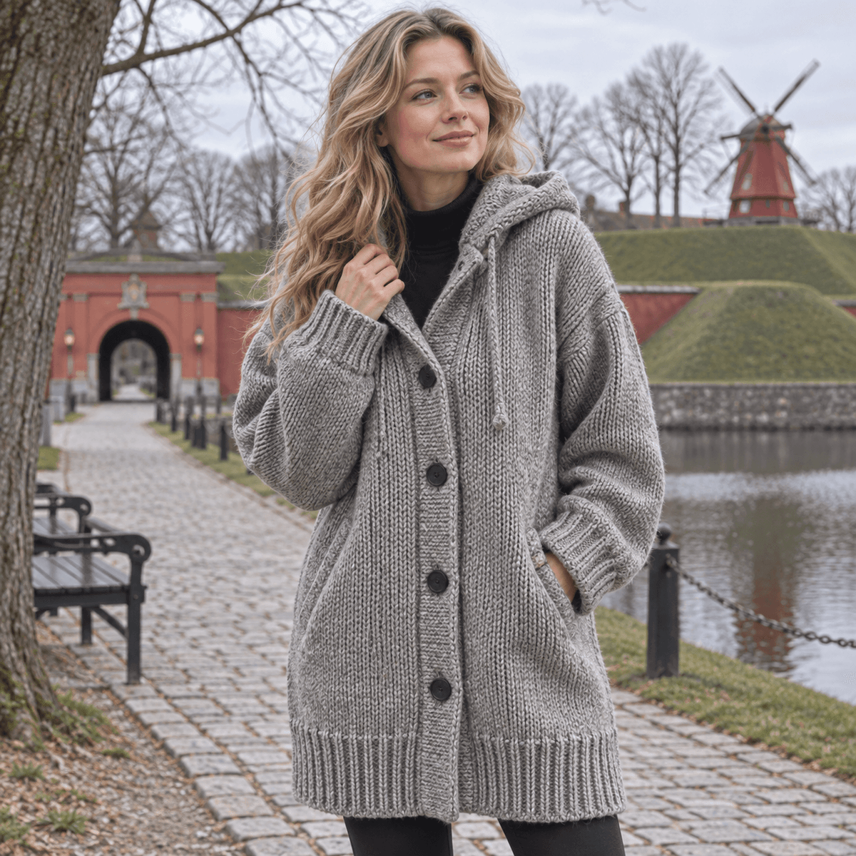 Lang oversized cardigan med hætte og knaplukning samt sidelommer