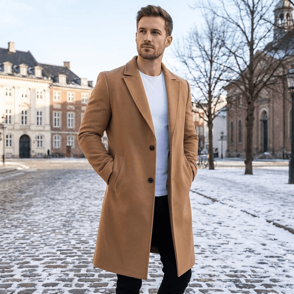 Lang vinterfrakke i uld med klassiske revers og knaplukning
