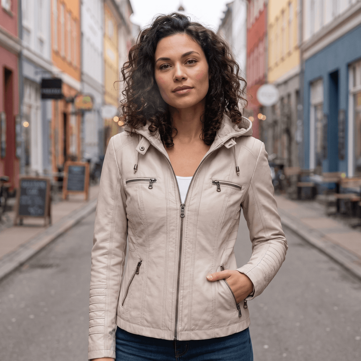 Figursyet jakke i læderlook med hætte og flere lynlåslommer