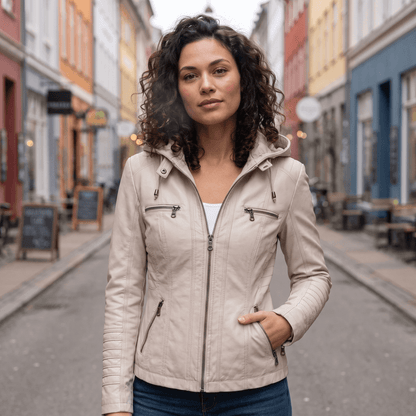 Figursyet jakke i læderlook med hætte og flere lynlåslommer