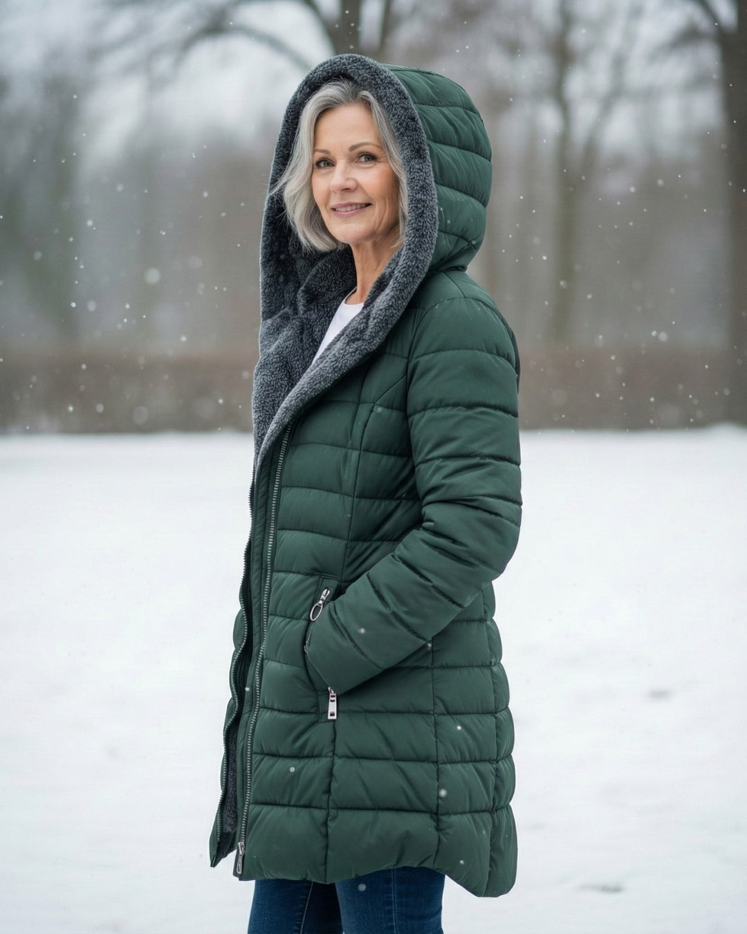 Alice foret vinterjakke i quiltet puffer-stil med hætte og lynlås