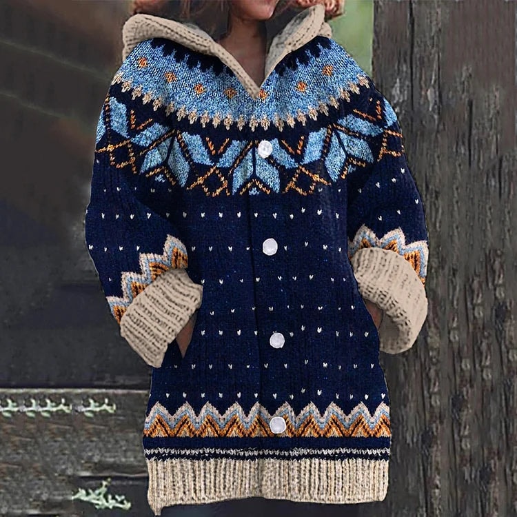 Lene hættet strikcardigan med Fair Isle mønster og knapper