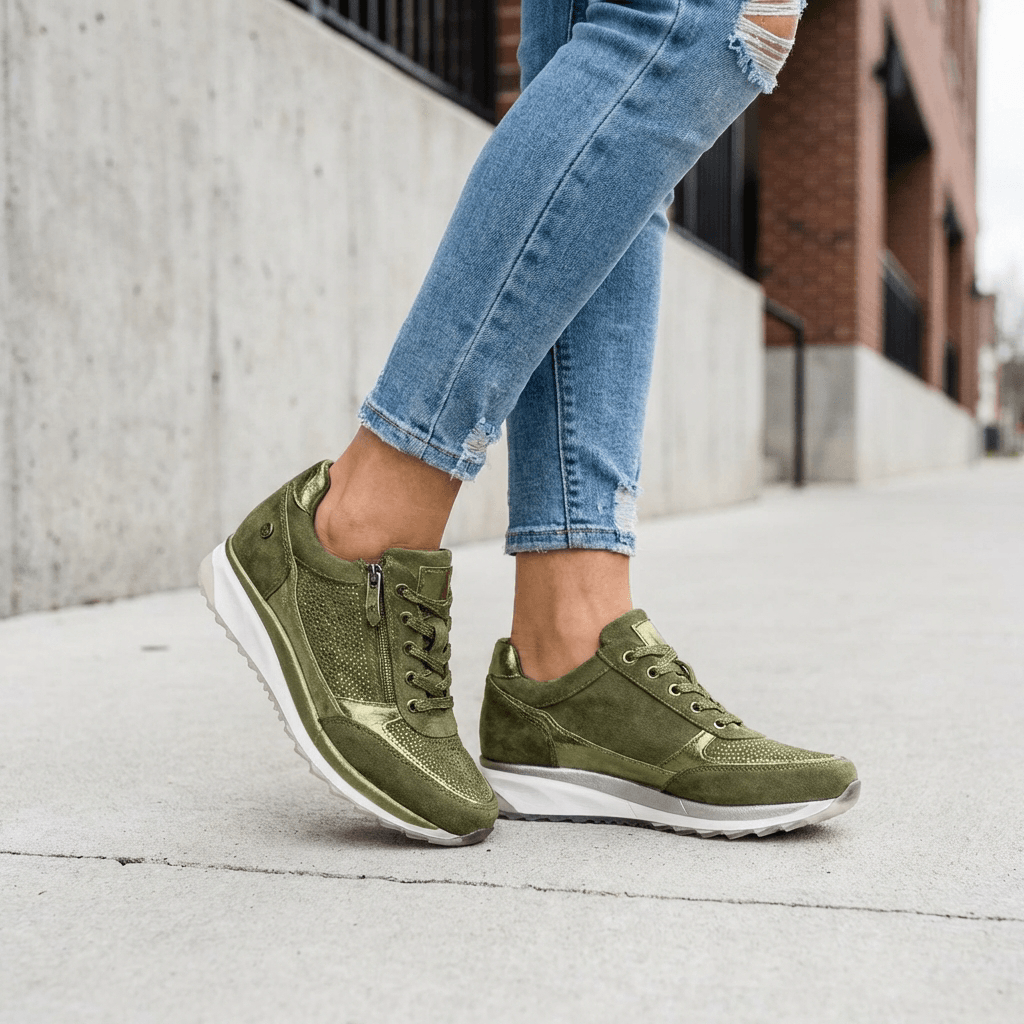 Sneakers med snørebånd og lynlås i siden samt tyk sål og glitrende detaljer