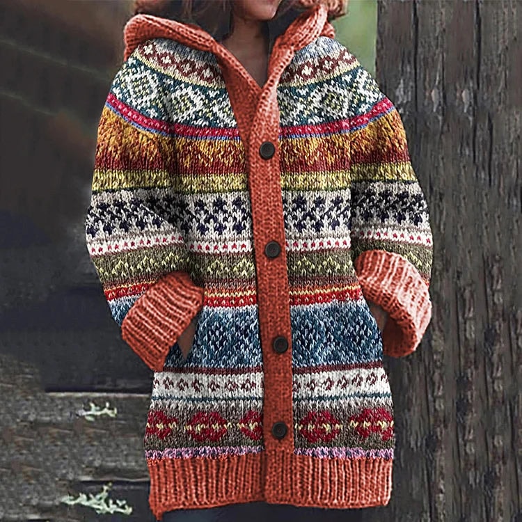 Lene hættet strikcardigan med Fair Isle mønster og knapper