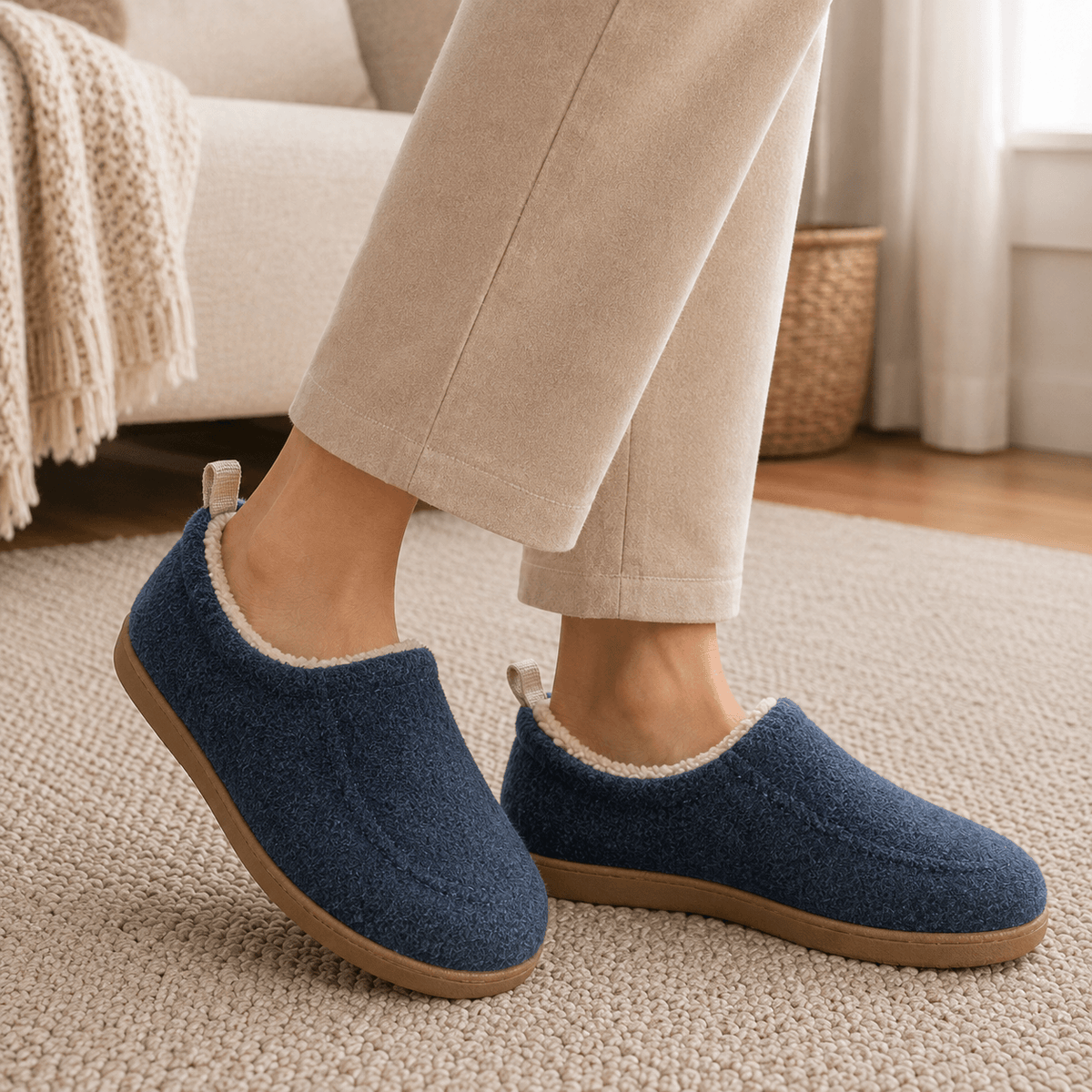 Lukkede slip-on hjemmesko med blødt fleecefor og praktisk hælstrop