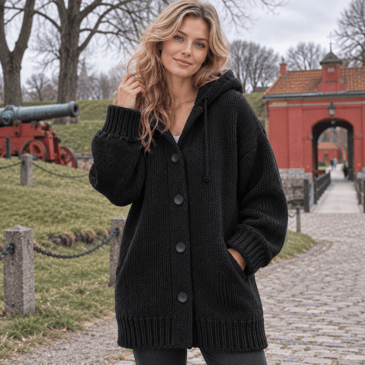 Lang oversized cardigan med hætte og knaplukning samt sidelommer