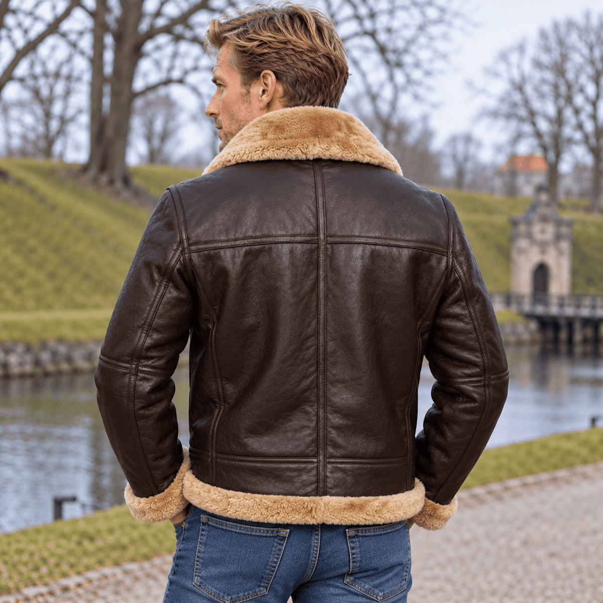 Kort pilotjakke med bred sherpakrave og remdetaljer ved nederkanten