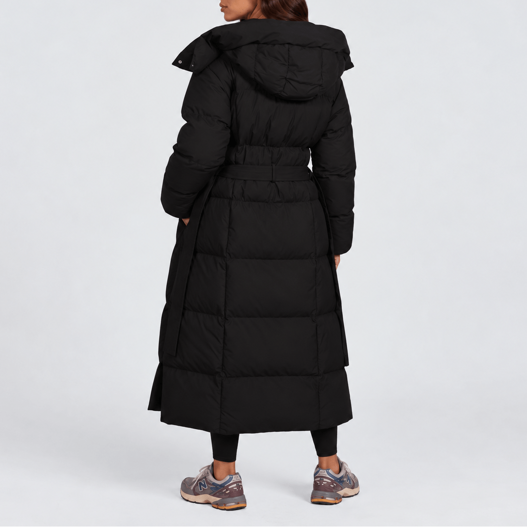 Henrietta lang quiltet vinterjakke med hætte og justerbart bælte