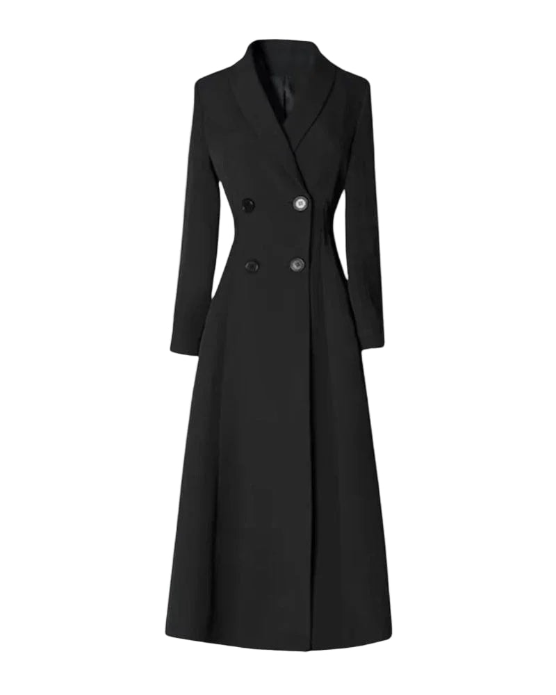 Lang taljeret trenchcoat med dobbeltradede knapper og reverskrave