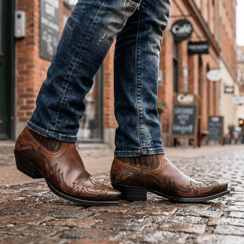 Spidse ankelhøje cowboystøvler med blokhæl og dekorative syninger