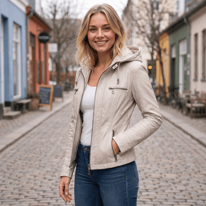 Figursyet jakke i læderlook med hætte og flere lynlåslommer