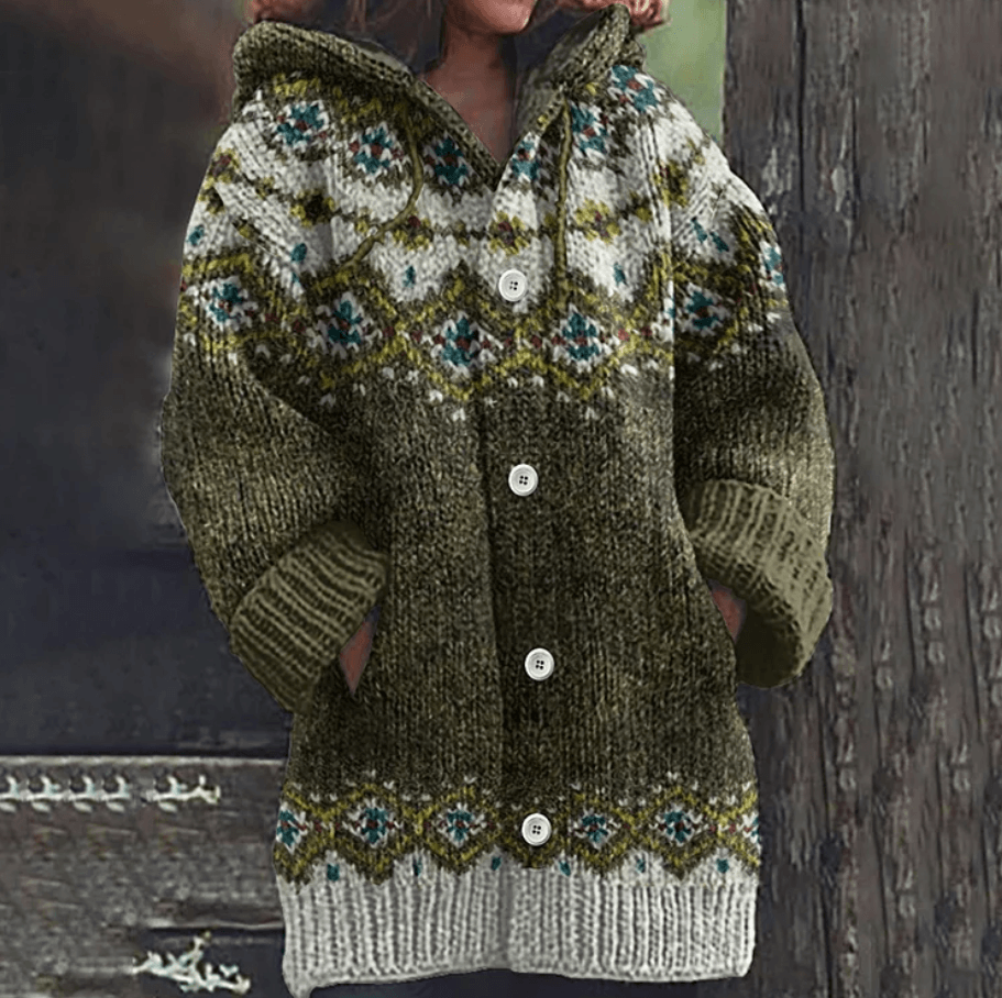 Lene hættet strikcardigan med Fair Isle mønster og knapper