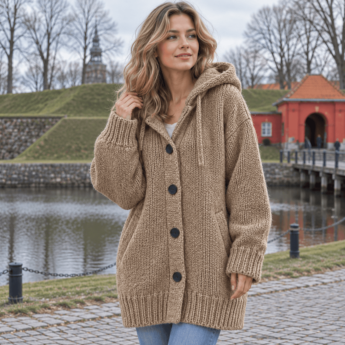 Lang oversized cardigan med hætte og knaplukning samt sidelommer
