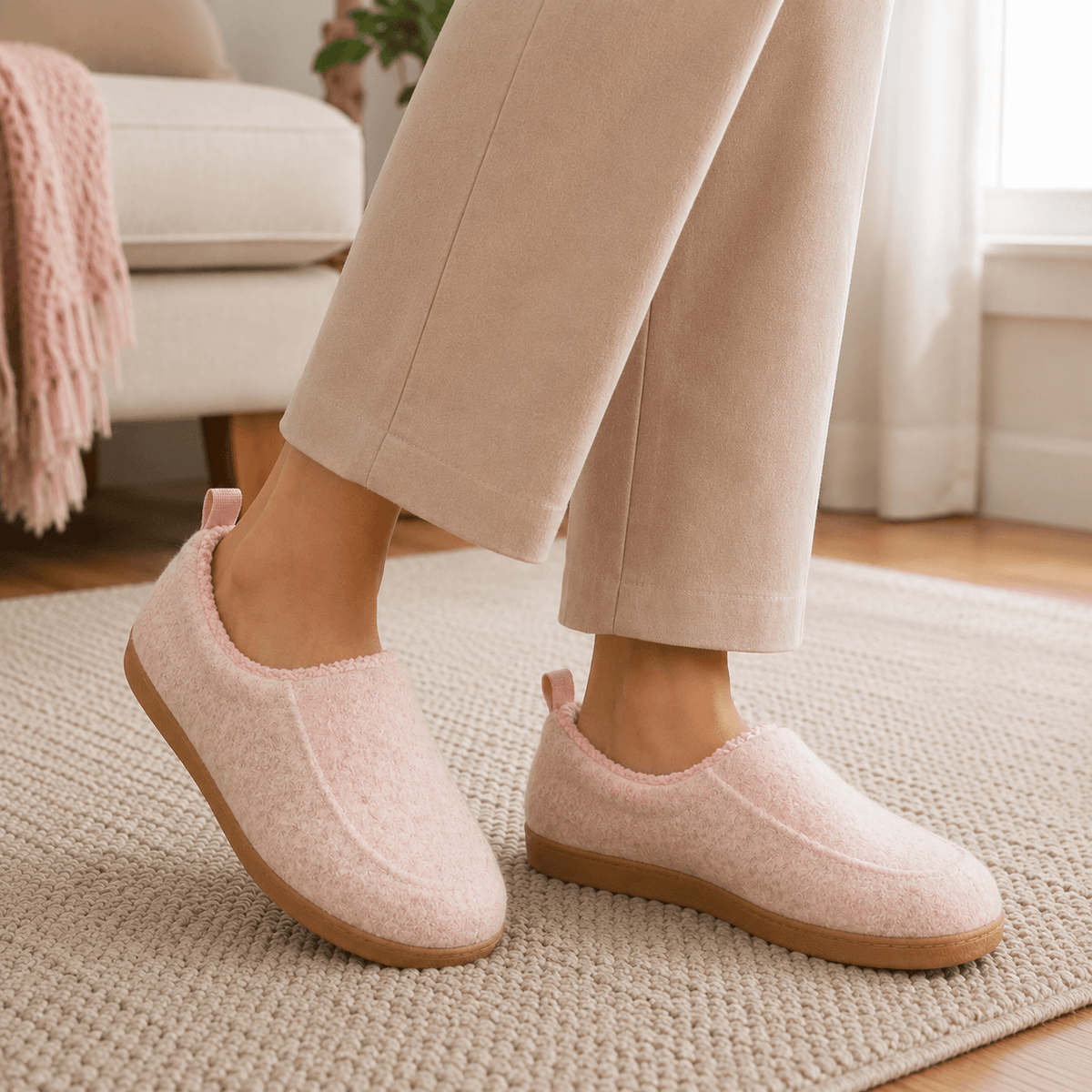 Lukkede slip-on hjemmesko med blødt fleecefor og praktisk hælstrop