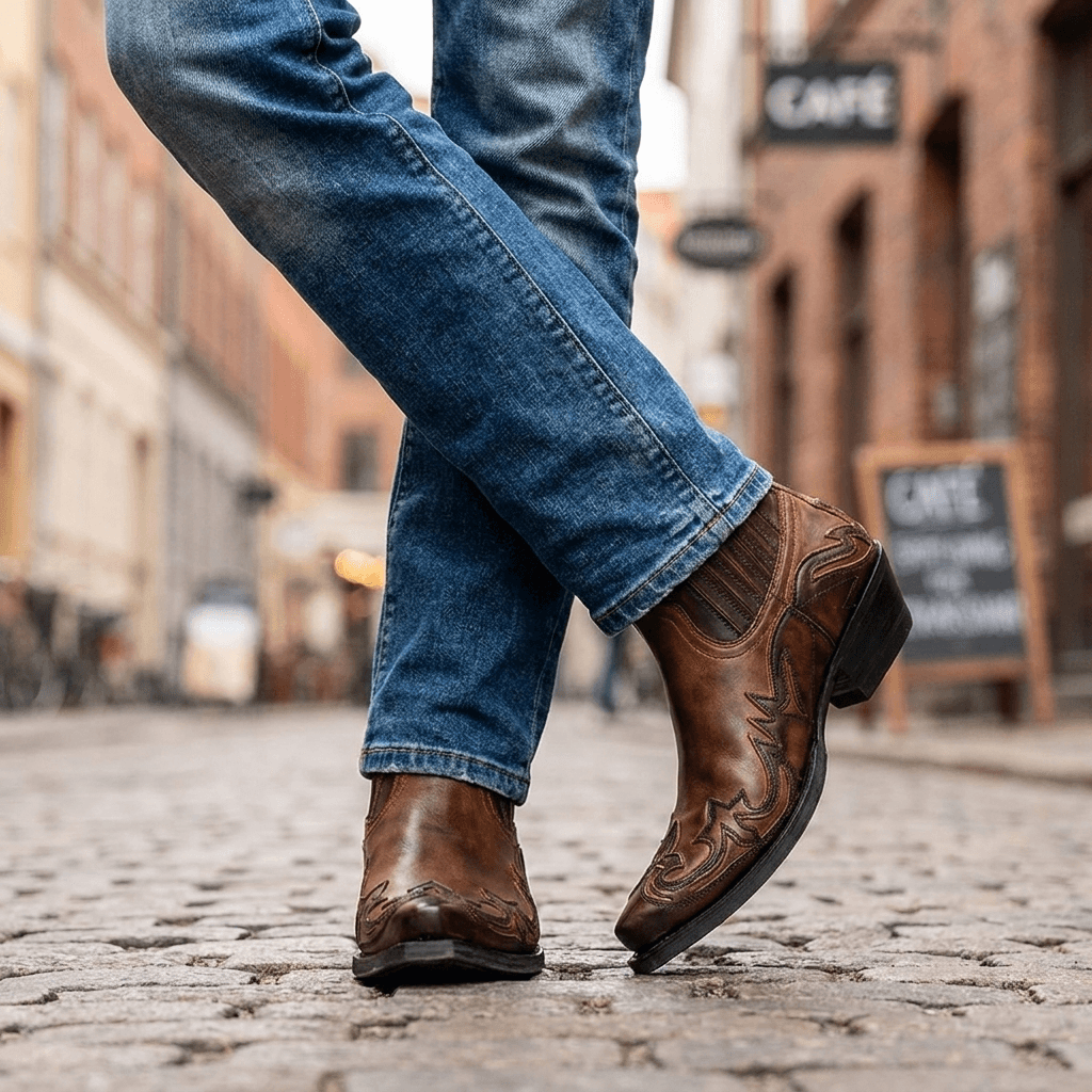 Spidse ankelhøje cowboystøvler med blokhæl og dekorative syninger