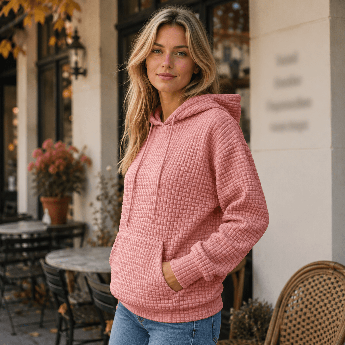 Struktureret hoodie med justerbar hætte og rummelig kængurulomme