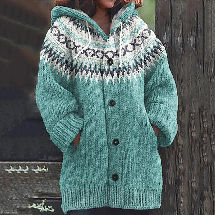 Lene hættet strikcardigan med Fair Isle mønster og knapper