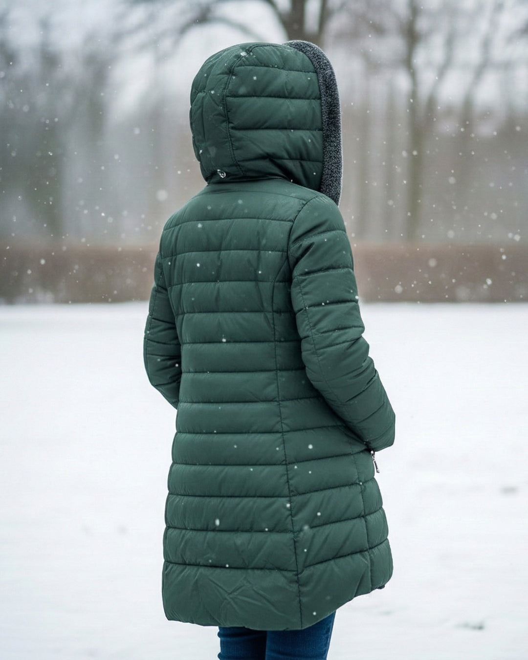 Alice foret vinterjakke i quiltet puffer-stil med hætte og lynlås