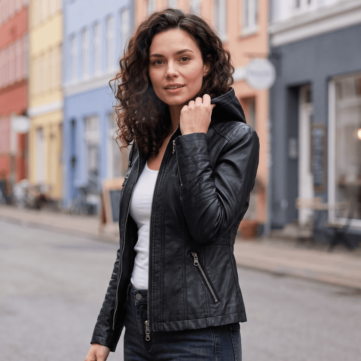 Figursyet jakke i læderlook med hætte og flere lynlåslommer