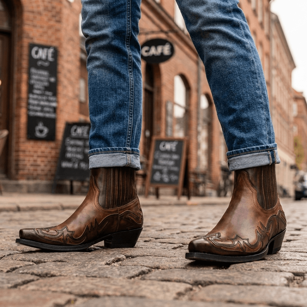 Spidse ankelhøje cowboystøvler med blokhæl og dekorative syninger