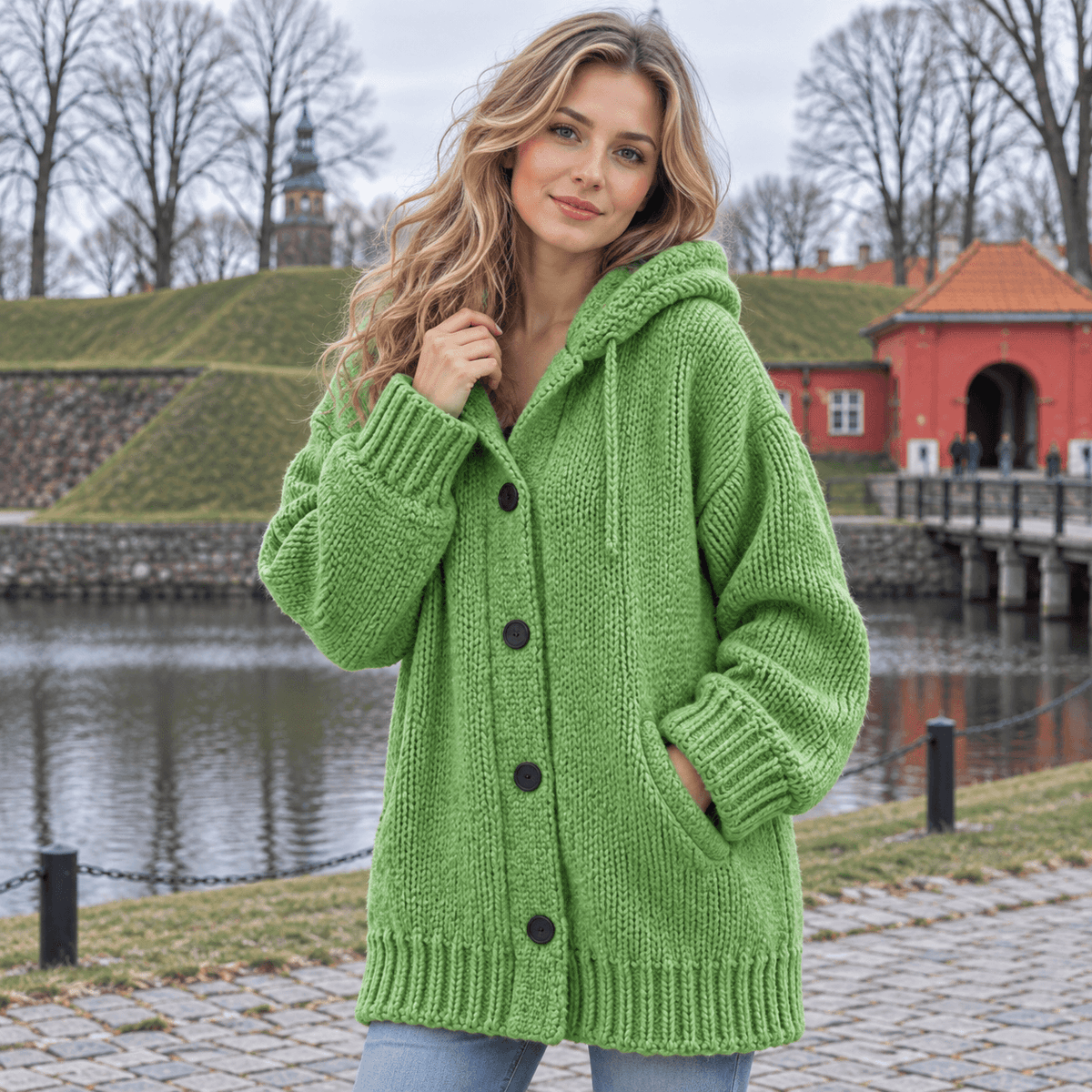 Lang oversized cardigan med hætte og knaplukning samt sidelommer