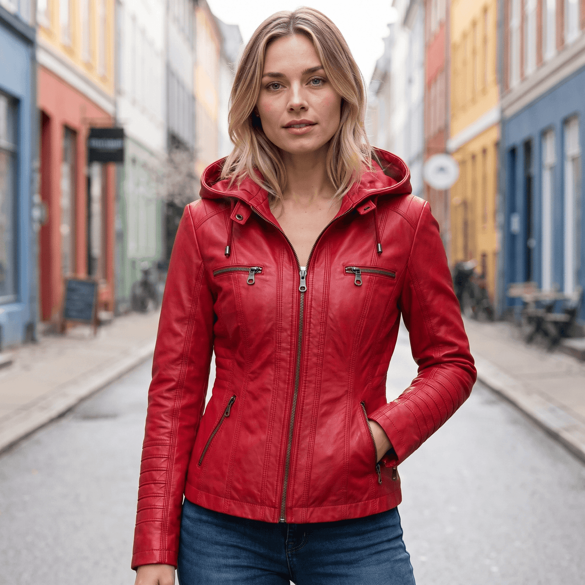 Figursyet jakke i læderlook med hætte og flere lynlåslommer