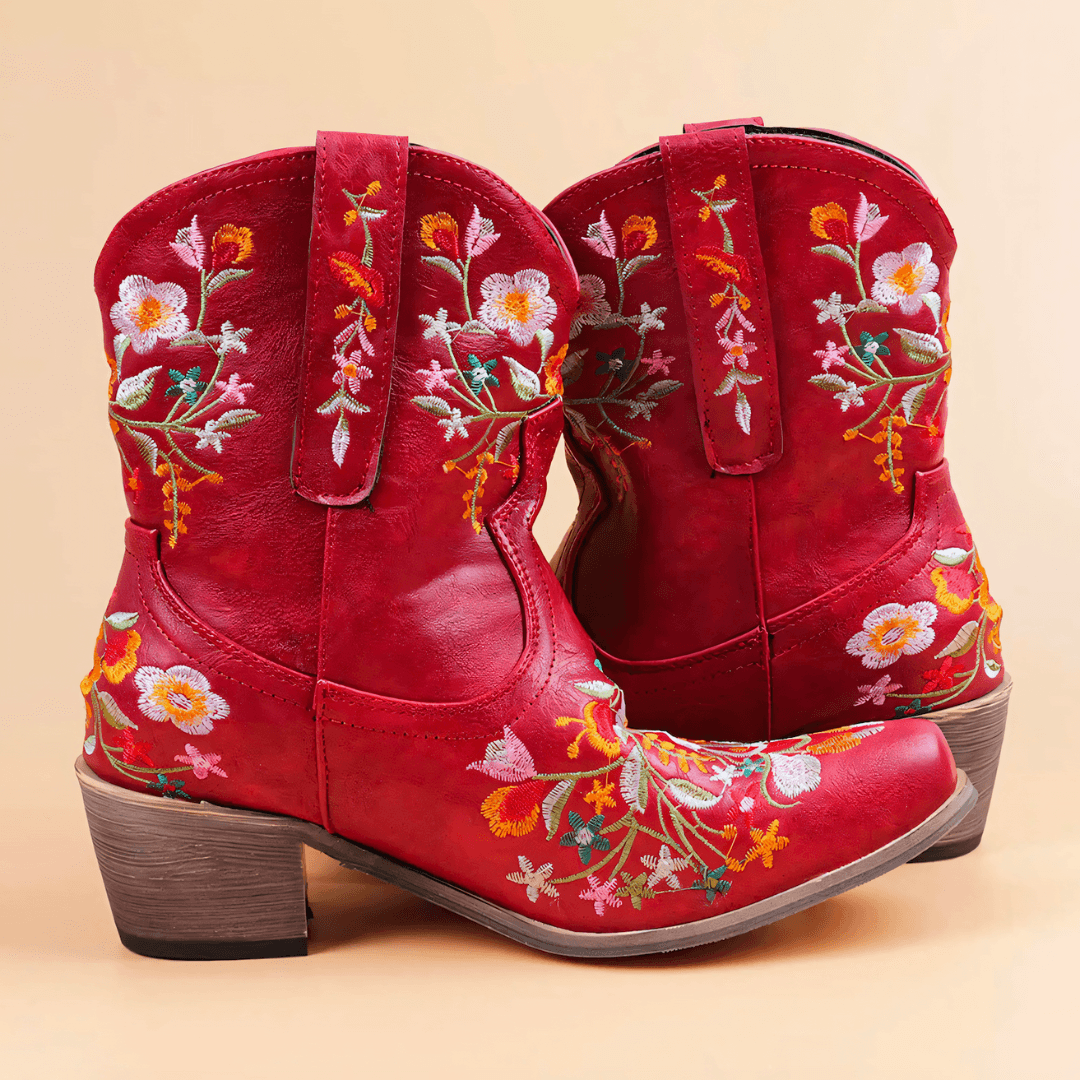 Korte vintage cowboystøvler i læder med blomsterbroderi og spids tå