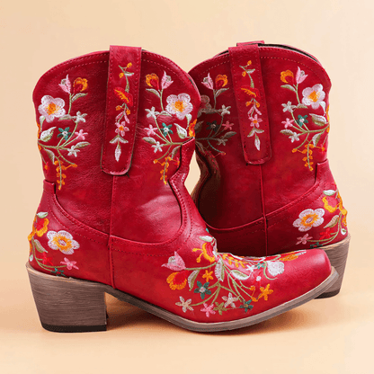 Korte vintage cowboystøvler i læder med blomsterbroderi og spids tå