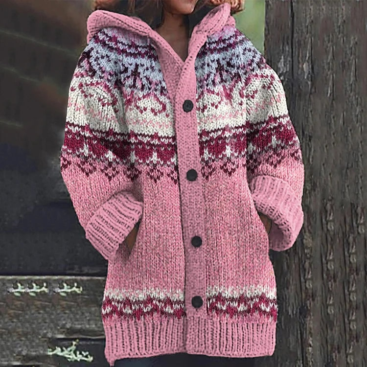 Lene hættet strikcardigan med Fair Isle mønster og knapper