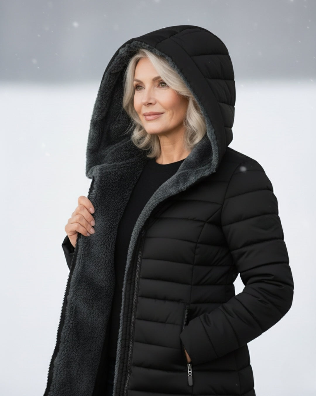 Alice foret vinterjakke i quiltet puffer-stil med hætte og lynlås