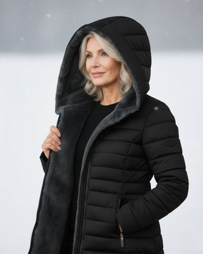 Alice foret vinterjakke i quiltet puffer-stil med hætte og lynlås