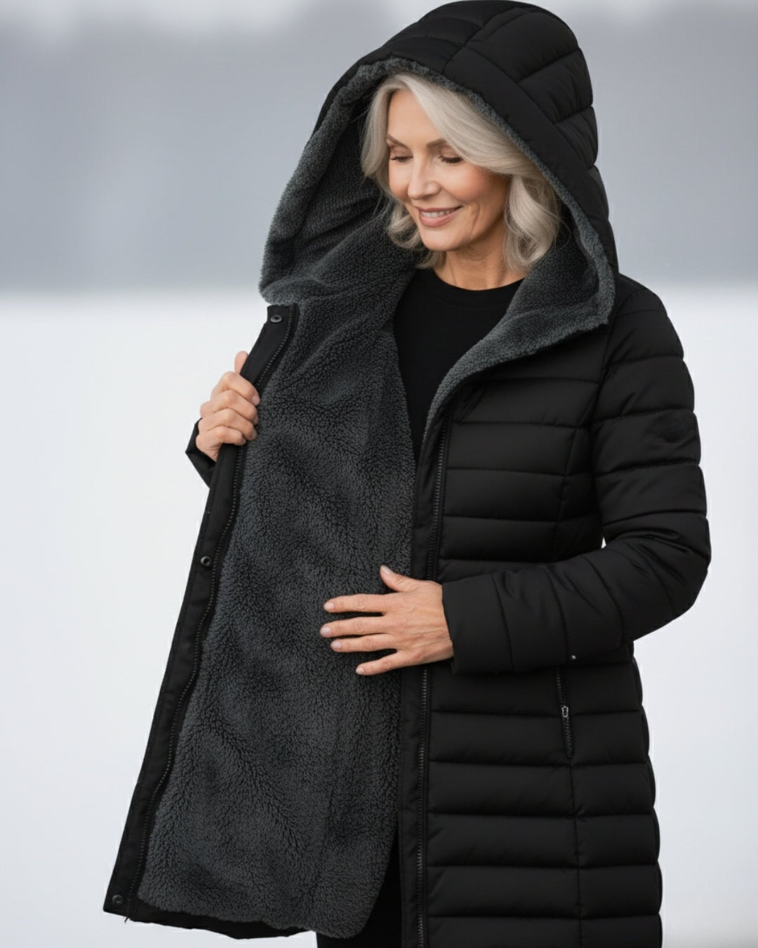 Alice foret vinterjakke i quiltet puffer-stil med hætte og lynlås